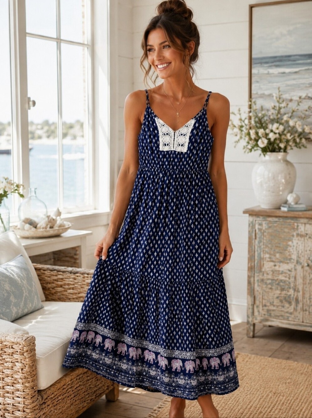 BLUSH Navy Printed Maxi Sundress with Crochet Yoke And Elephant Print Trim